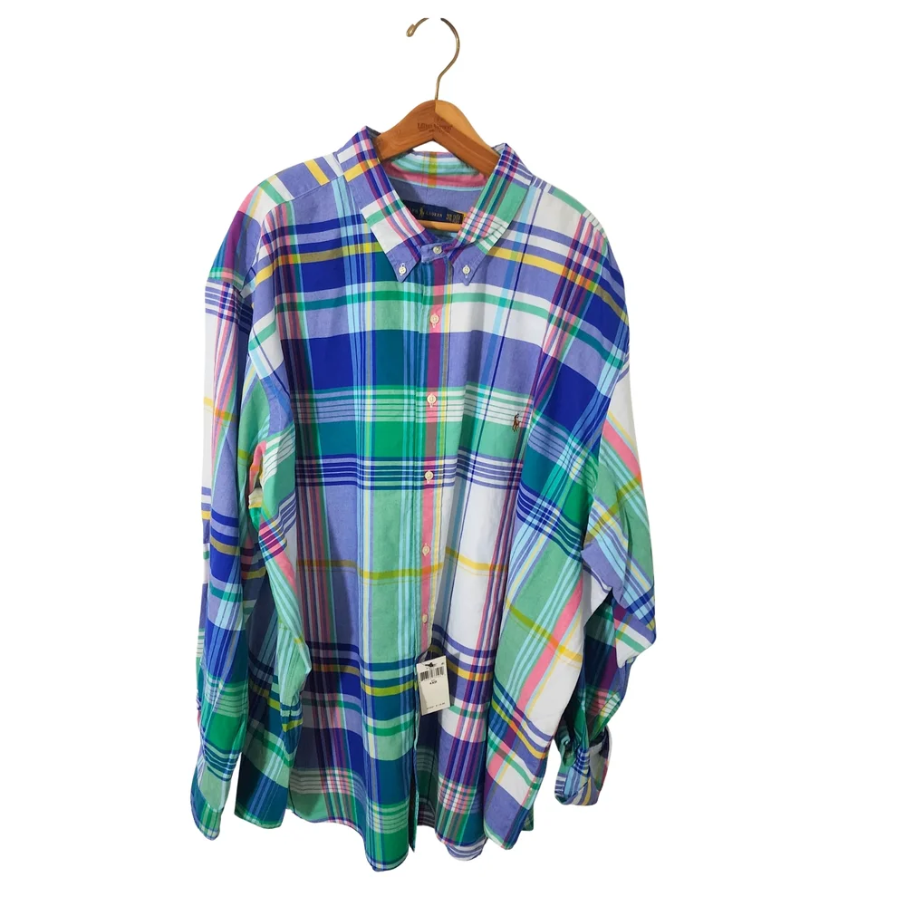 Polo Ralph Lauren Blue and Green Plaid‎ Classic Fit Shirt, 4XB